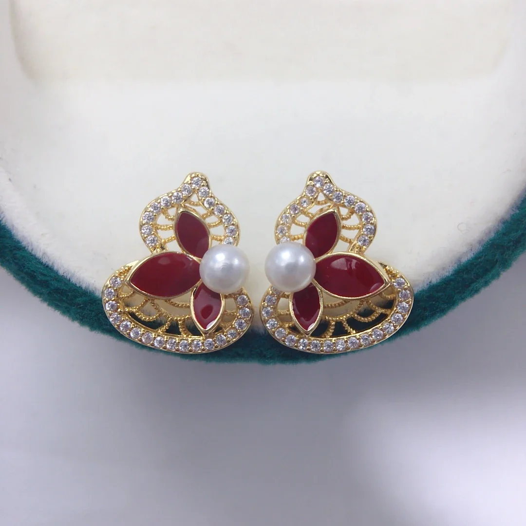 Ornate Gold-Plated Filigree Red Petal Freshwater Pearl Stud Earrings