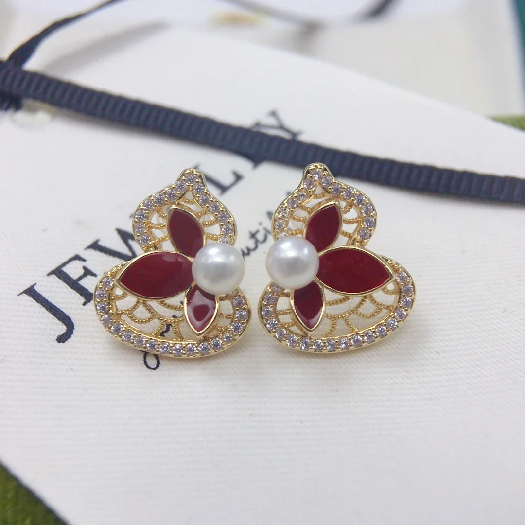 Ornate Gold-Plated Filigree Red Petal Freshwater Pearl Stud Earrings