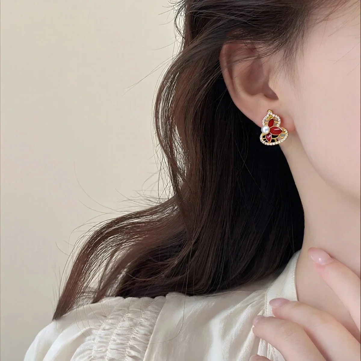 Ornate Gold-Plated Filigree Red Petal Freshwater Pearl Stud Earrings