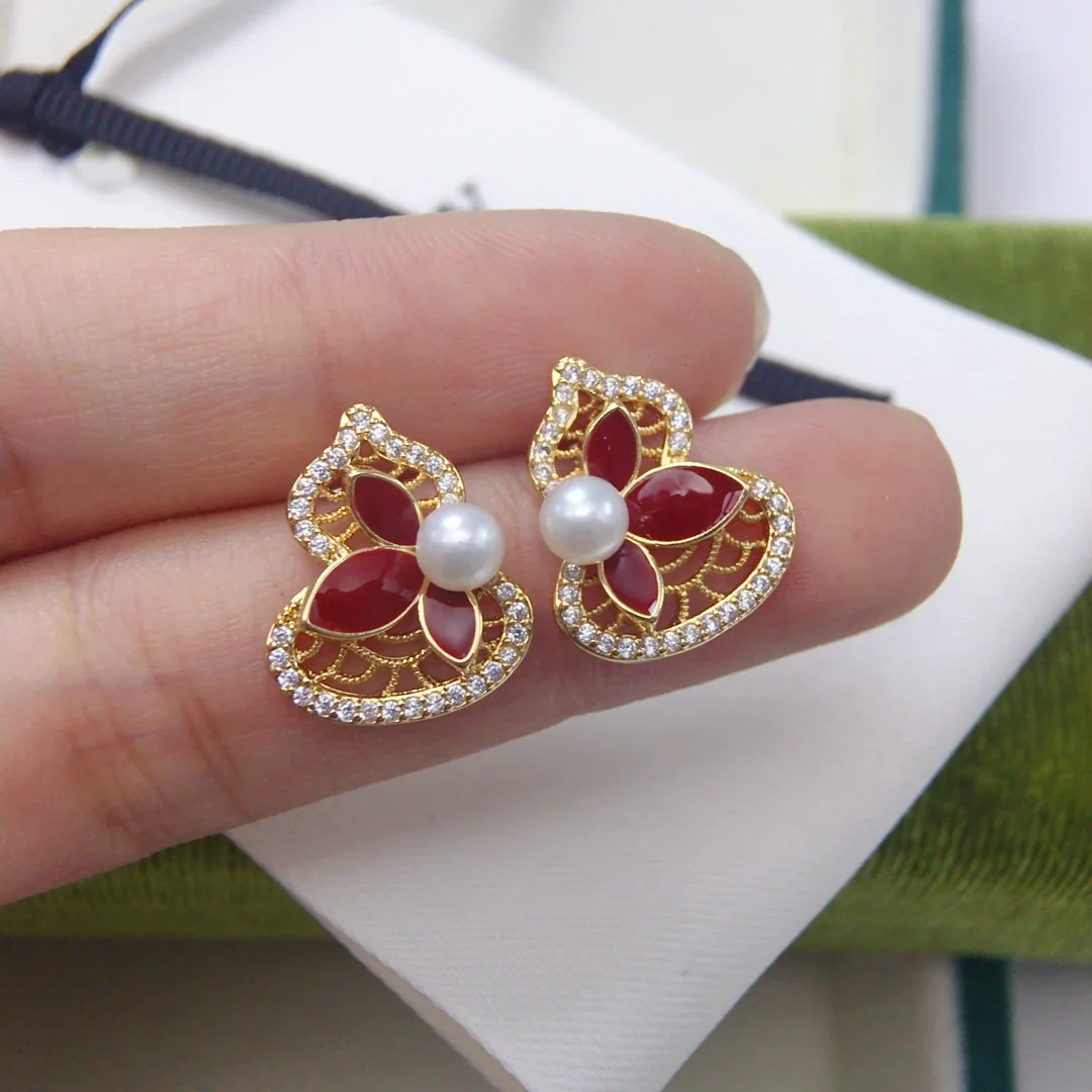 Ornate Gold-Plated Filigree Red Petal Freshwater Pearl Stud Earrings