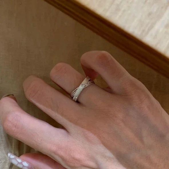 Brushed Starburst Beaded 925 Sterling Silver Ring