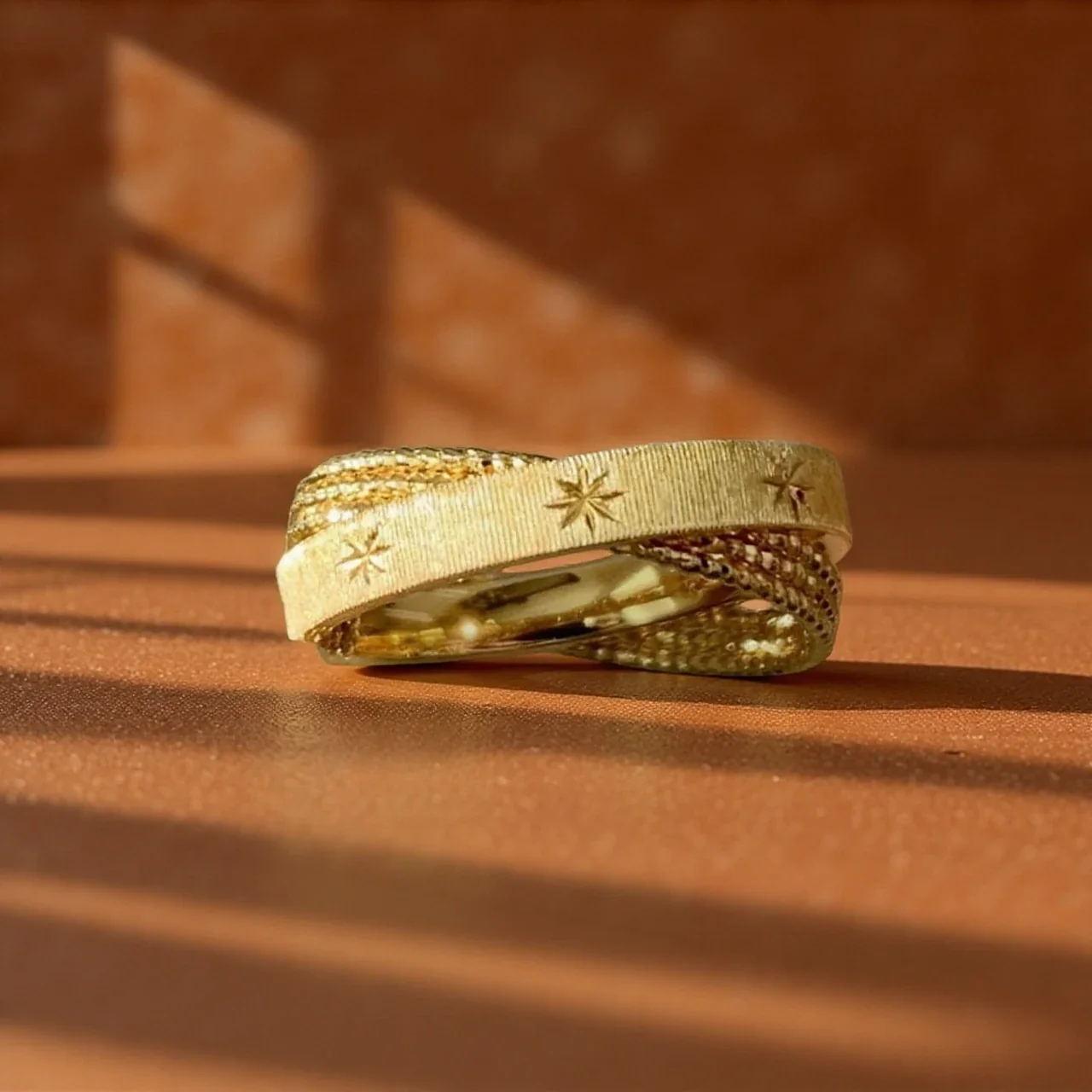 Brushed Starburst Beaded 925 Sterling Silver Ring - Gold