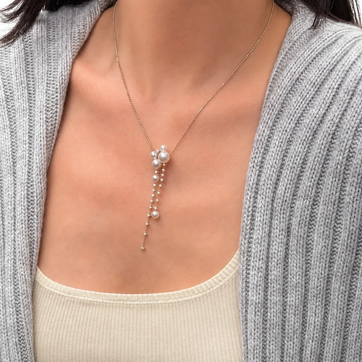 Delicate Silver-Plated Pearl Cluster CZ Tassel Necklace
