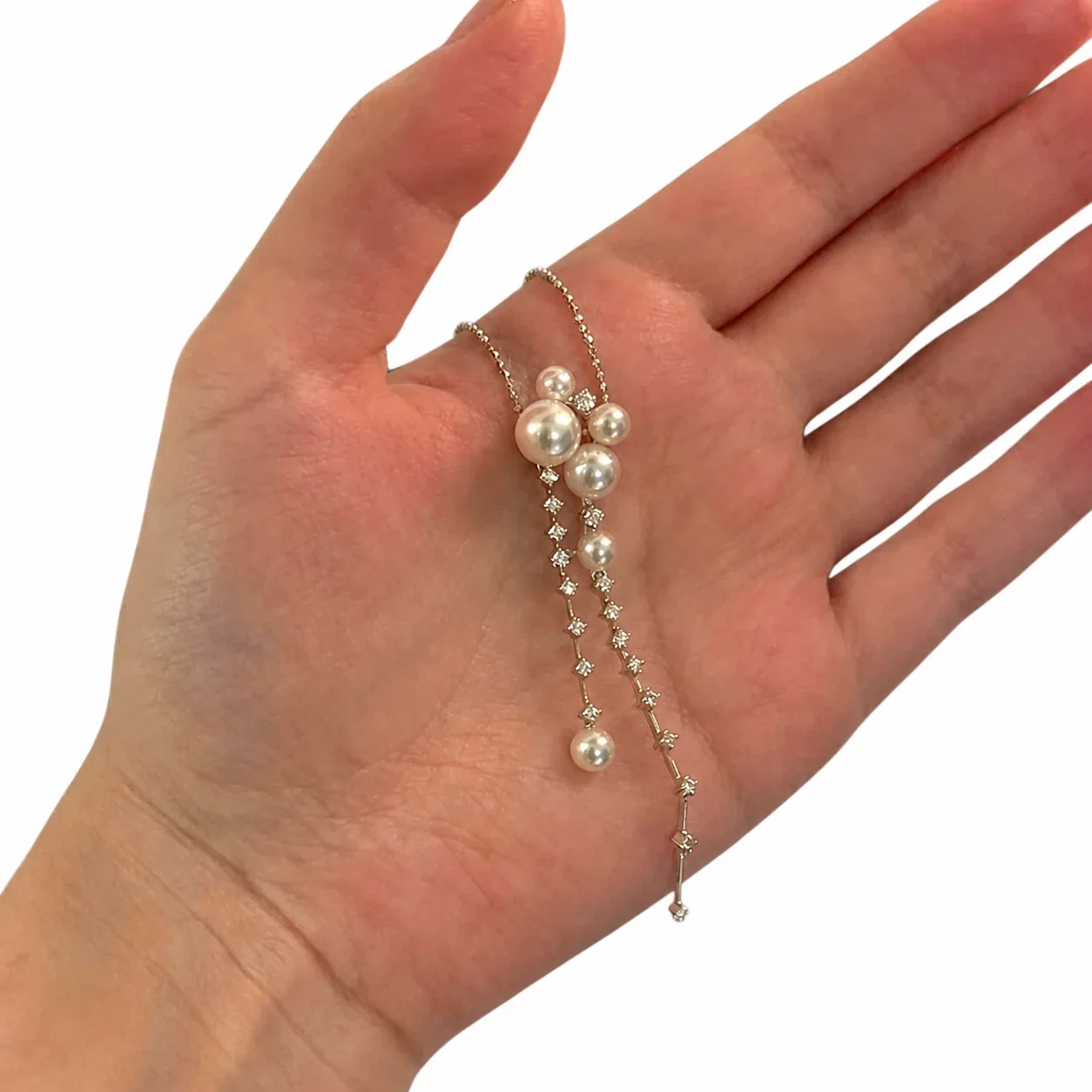 Delicate Silver-Plated Pearl Cluster CZ Tassel Necklace