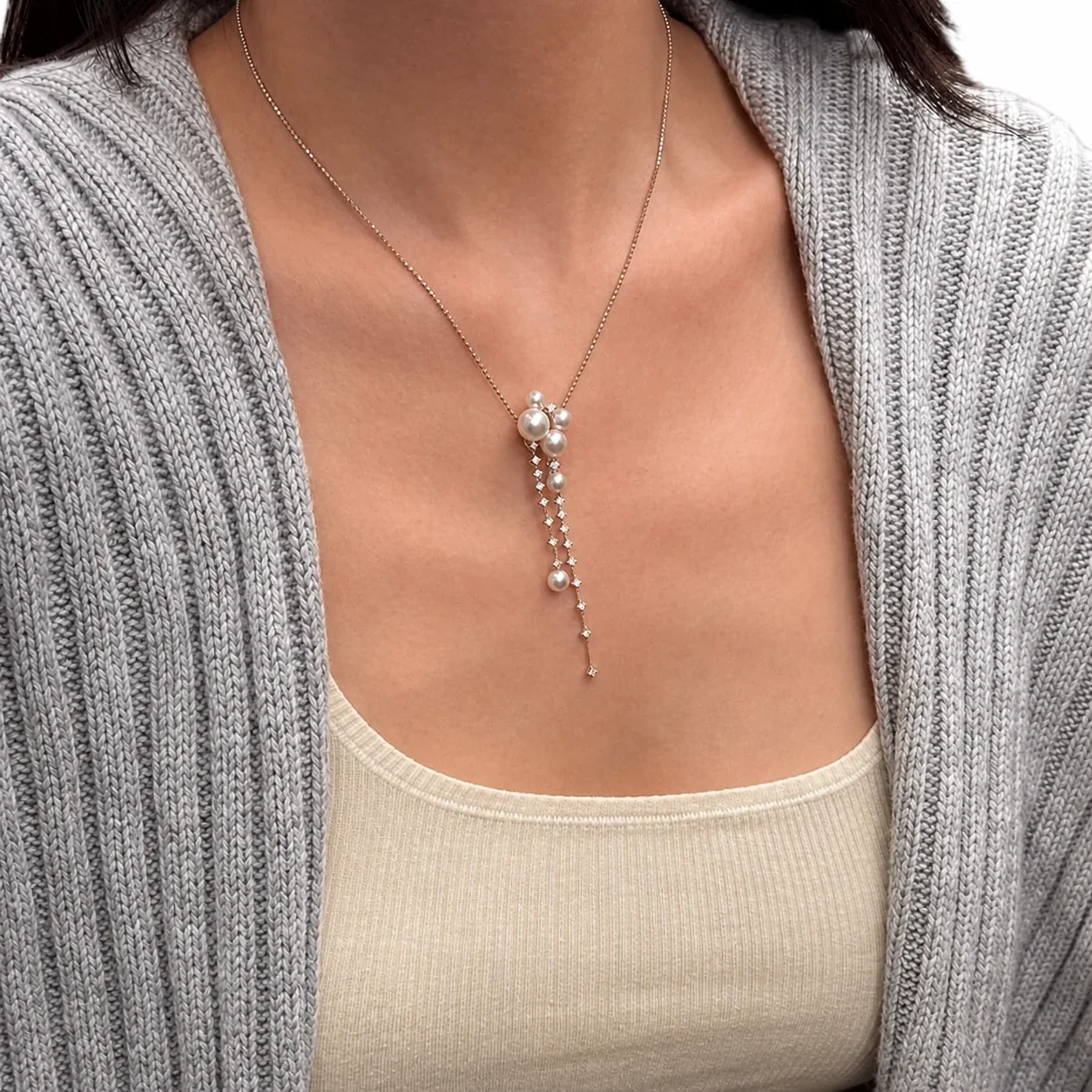 Delicate Silver-Plated Pearl Cluster CZ Tassel Necklace