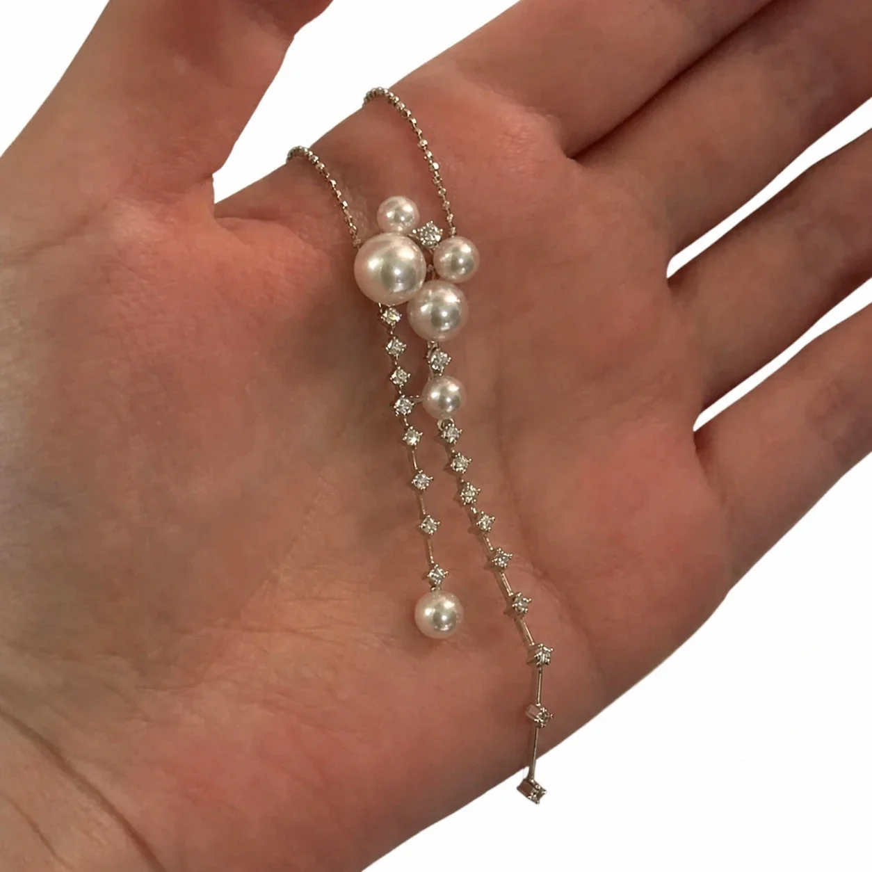 Delicate Silver-Plated Pearl Cluster CZ Tassel Necklace
