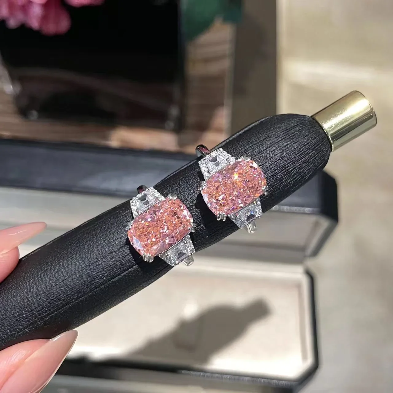 Pink Cushion-Cut Silver-Plated Copper Three-Stone Ring