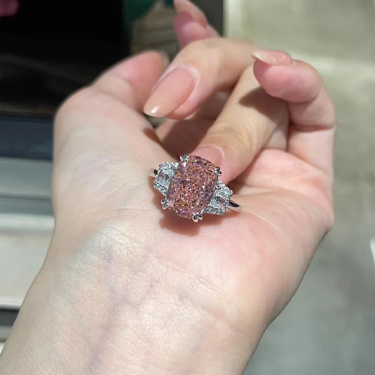 Pink Cushion-Cut Silver-Plated Copper Three-Stone Ring