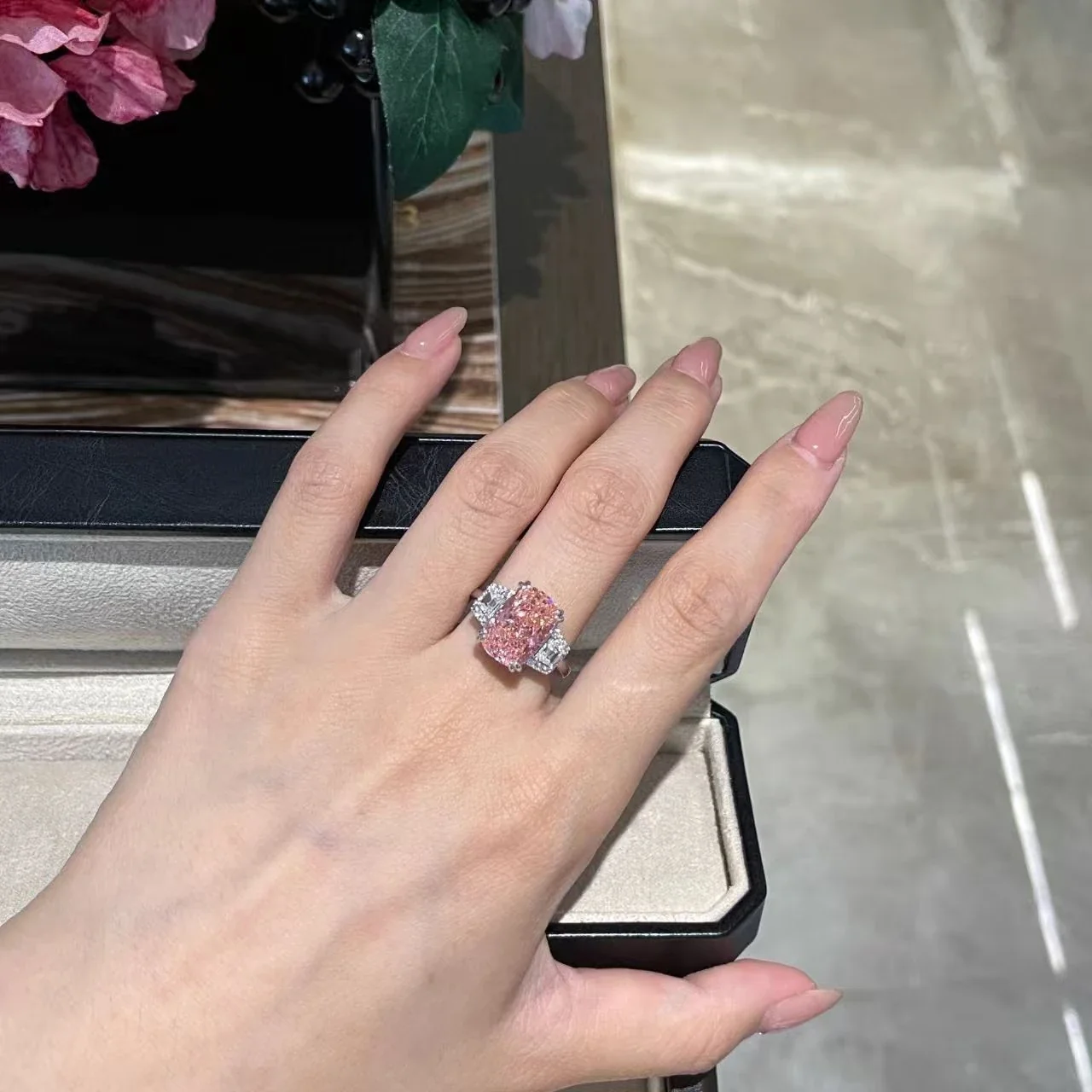 Pink Cushion-Cut Silver-Plated Copper Three-Stone Ring