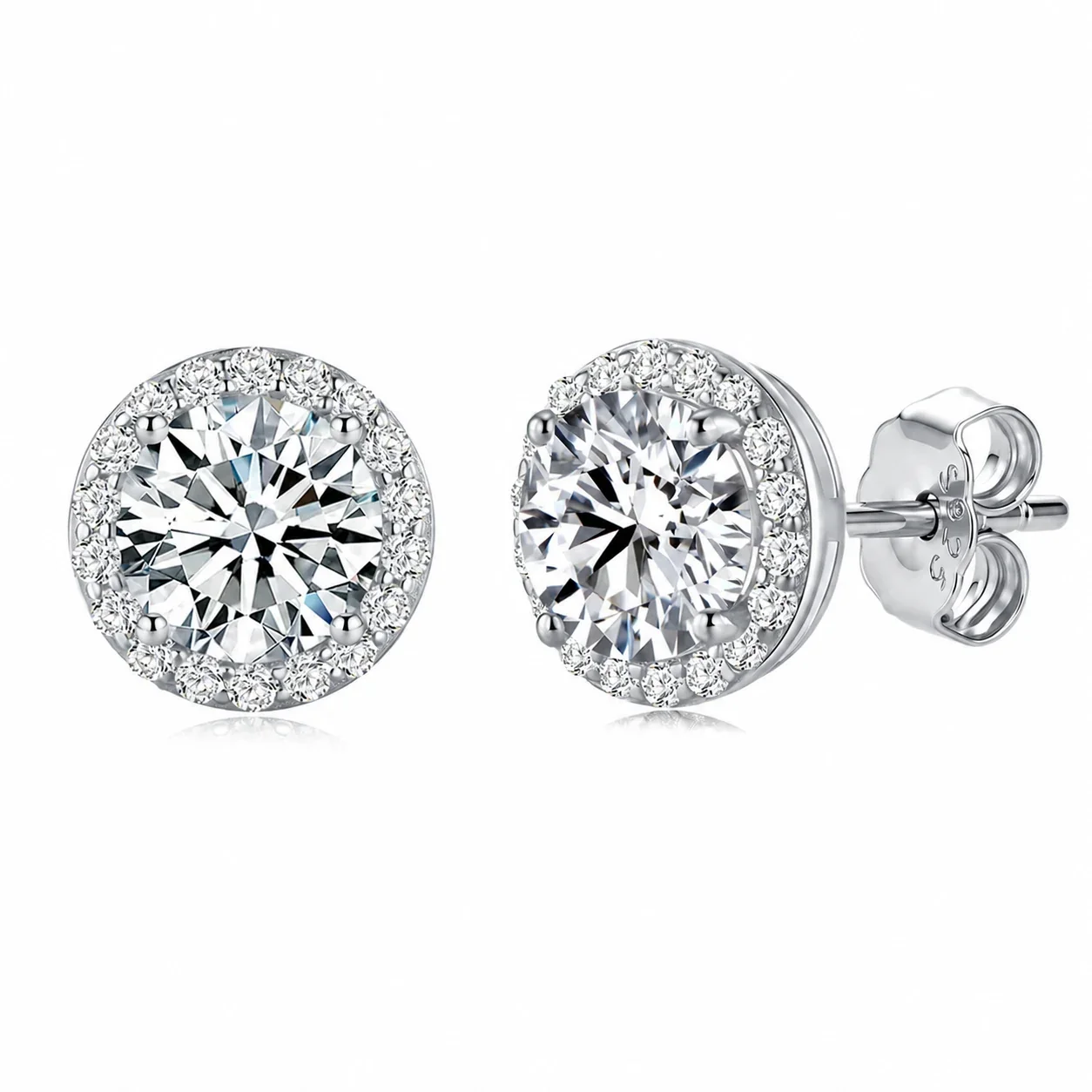 Halo Round-Cut 925 Sterling Silver Moissanite Stud Earrings - Silver