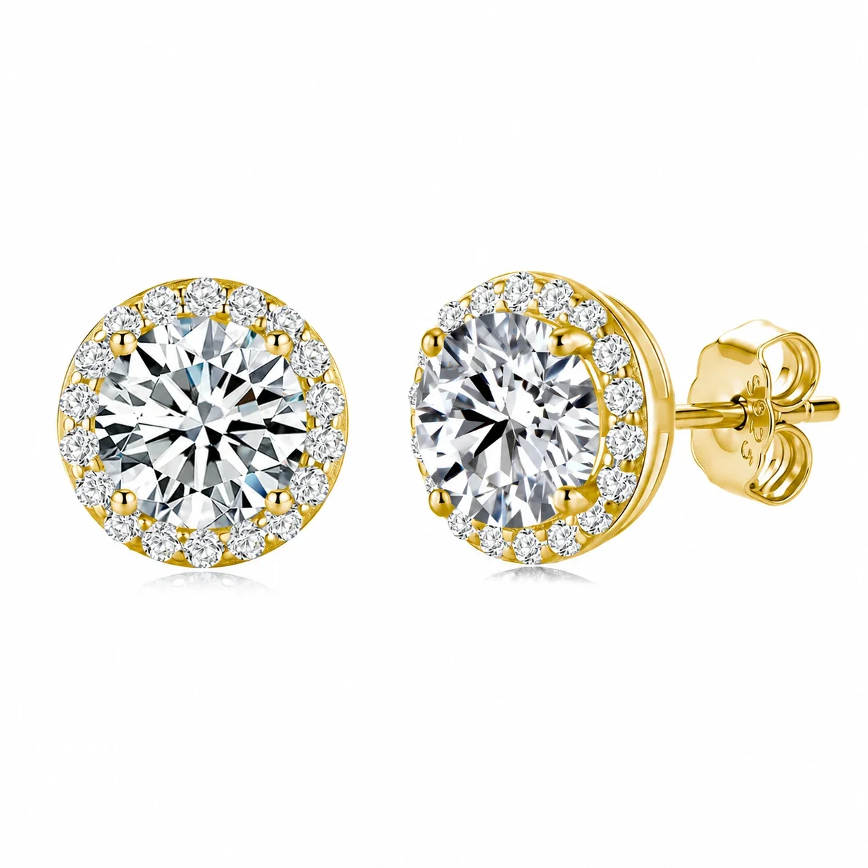 Halo Round-Cut 925 Sterling Silver Moissanite Stud Earrings - Gold
