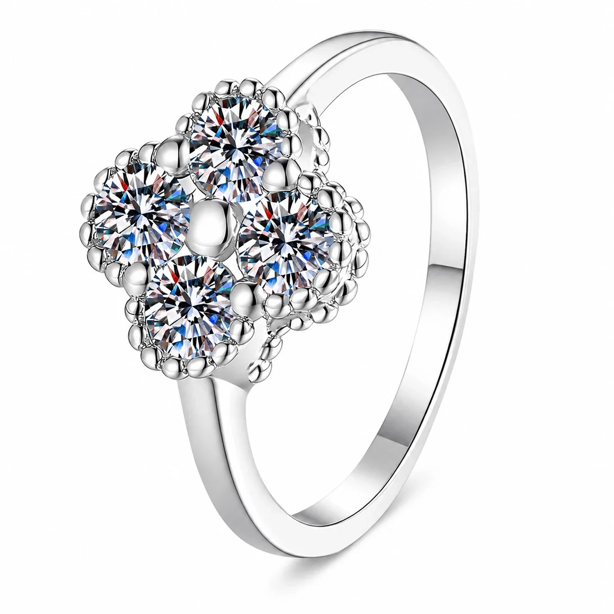 Radiant 925 Sterling Silver Clover Round Moissanite Ring
