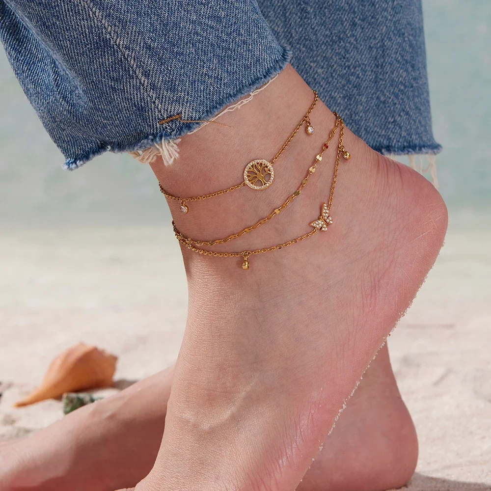 Dainty 18K Gold-Plated Tree of Life Charm Anklet