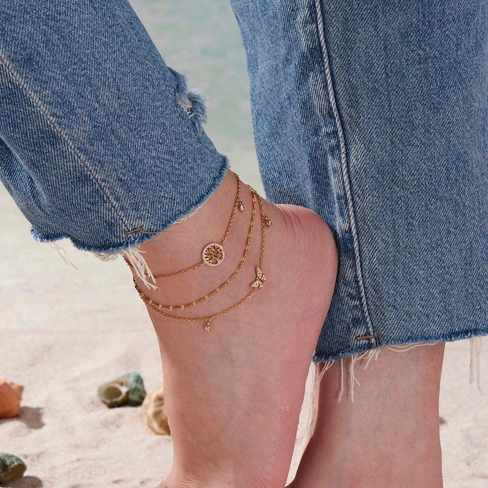 Dainty 18K Gold-Plated Tree of Life Charm Anklet