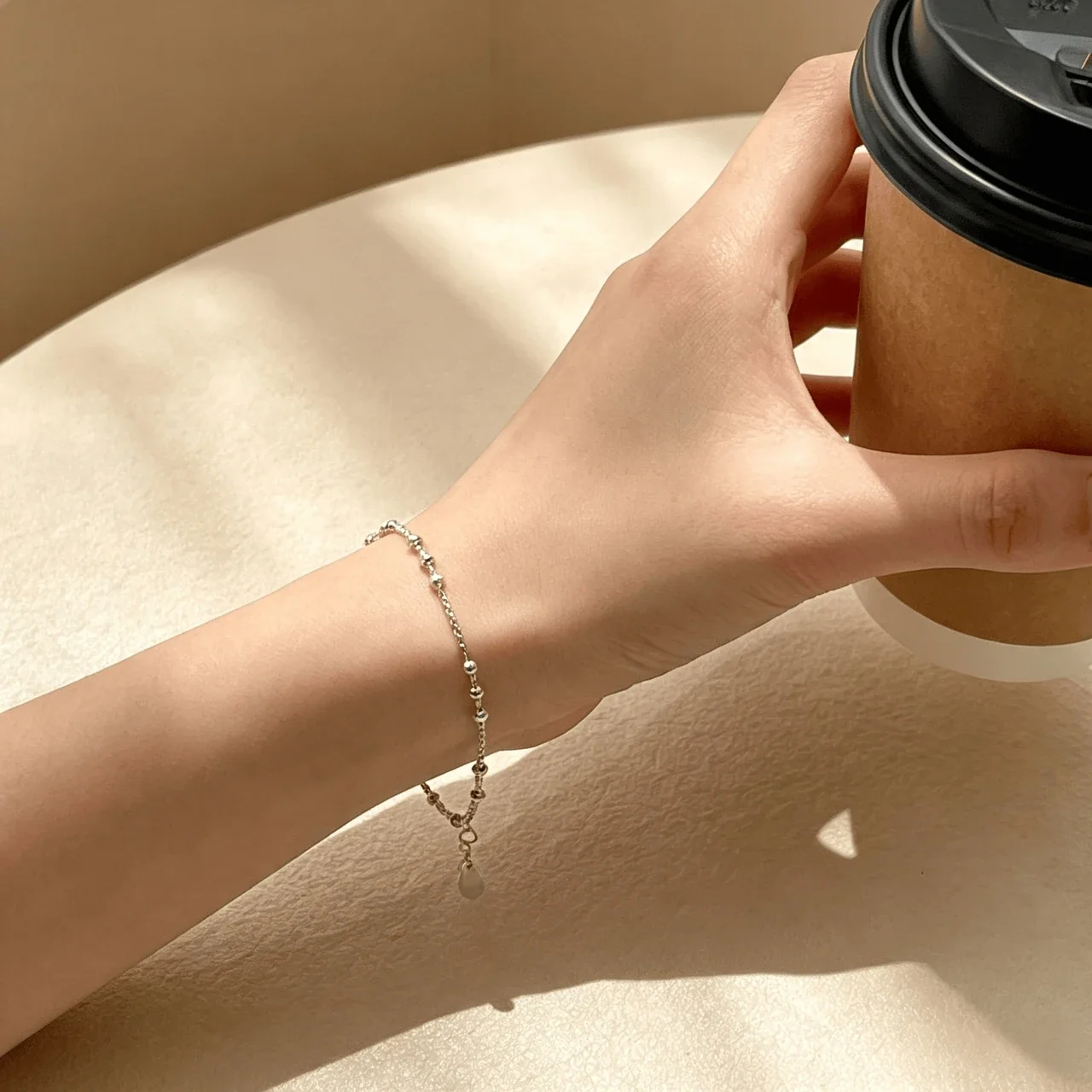 Delicate 925 Sterling Silver Bead Station Chain Bracelet