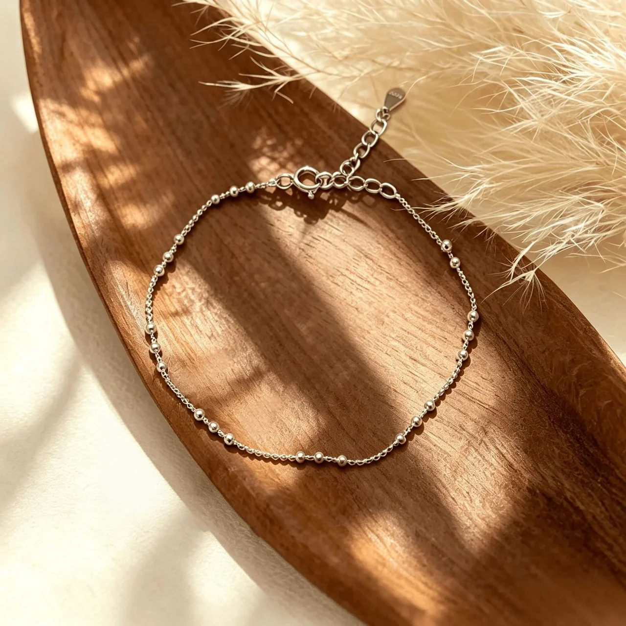 Delicate 925 Sterling Silver Bead Station Chain Bracelet