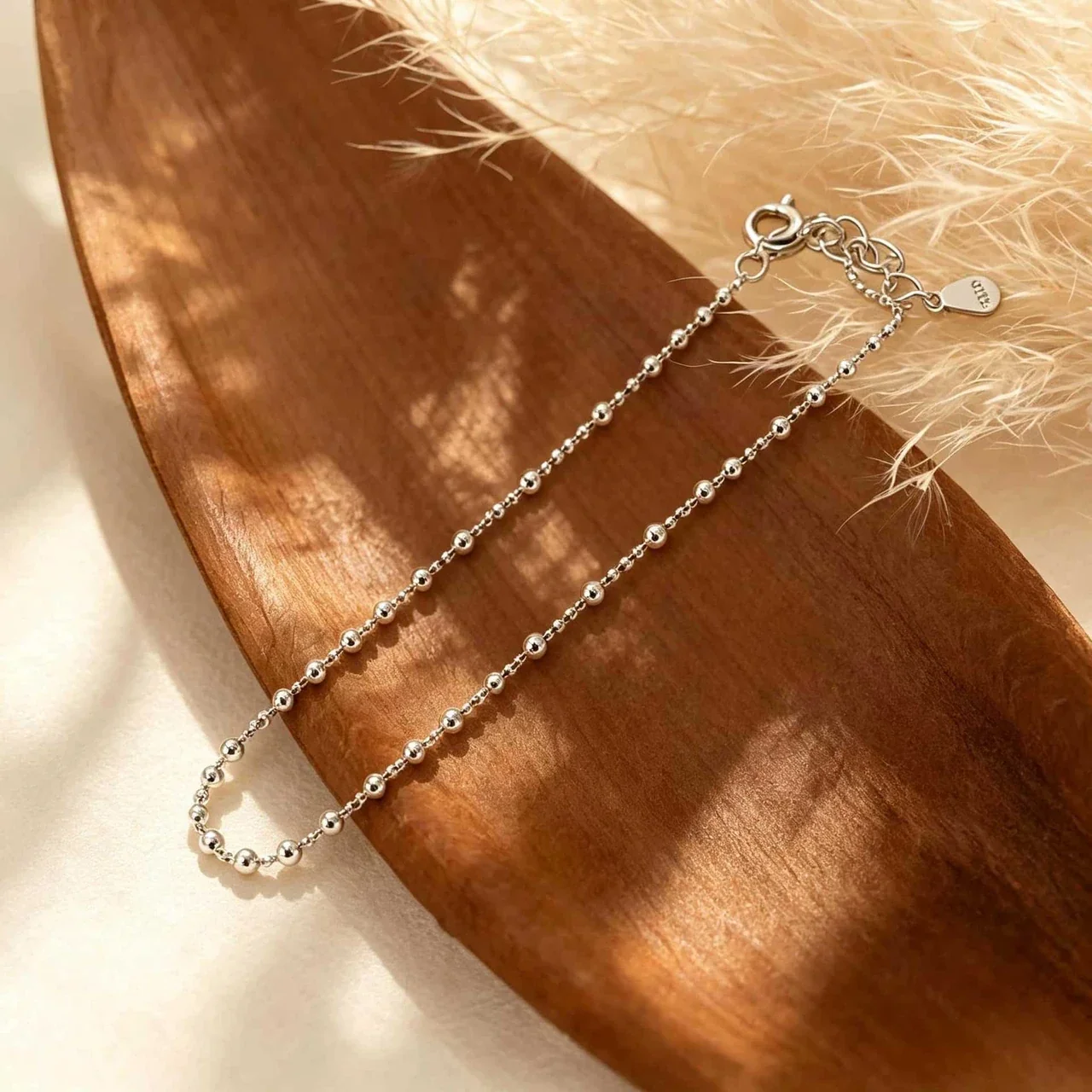 Delicate 925 Sterling Silver Bead Station Chain Bracelet