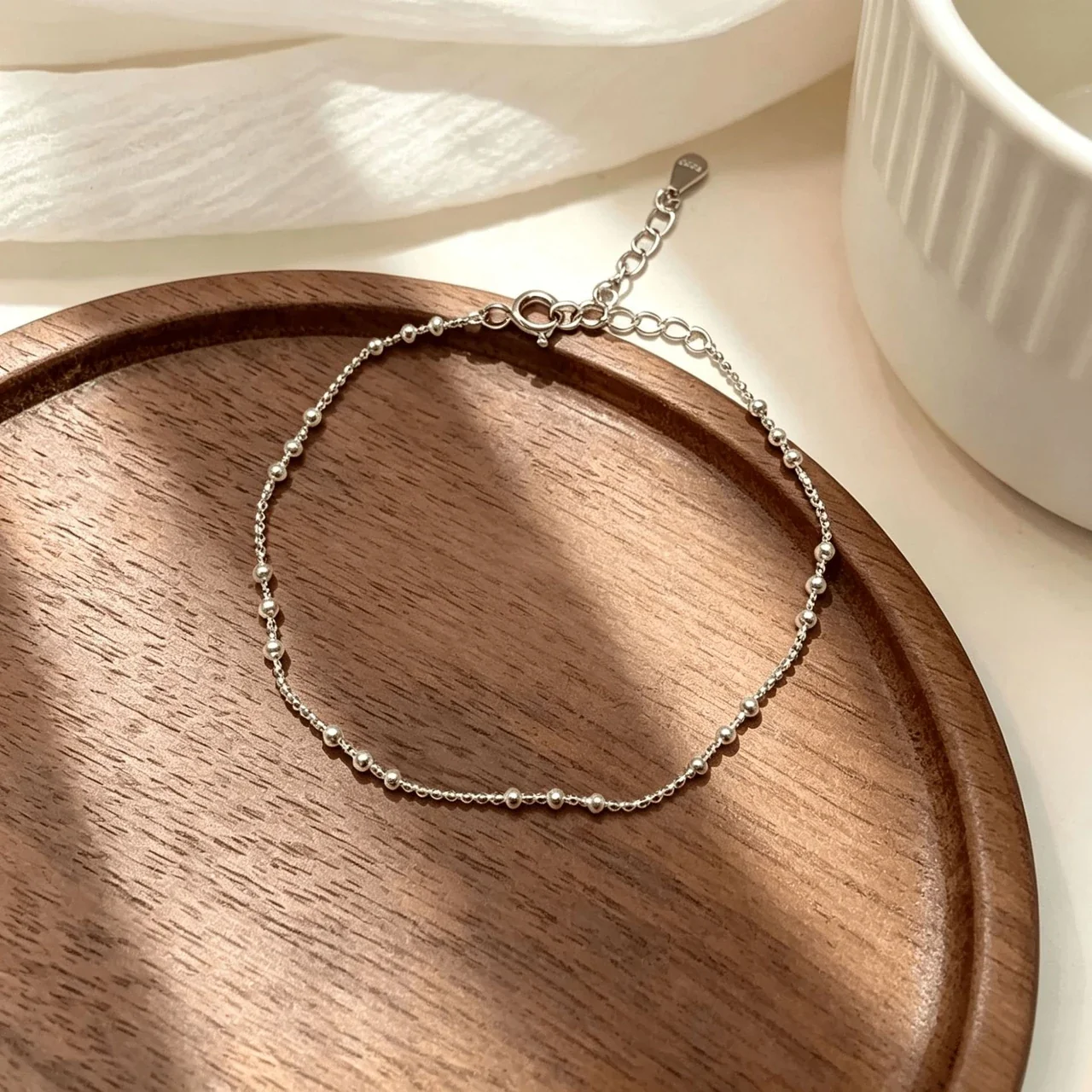 Delicate 925 Sterling Silver Bead Station Chain Bracelet - Silver