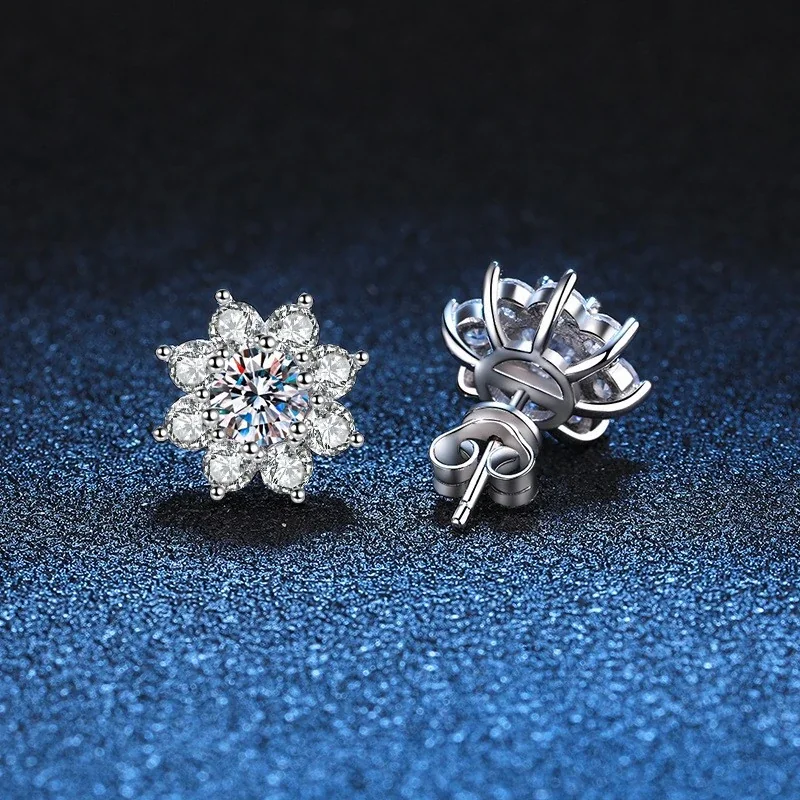 Radiant Silver-Plated Flower Halo 925 Sterling Silver Stud Earrings - Point + Point Moissanite