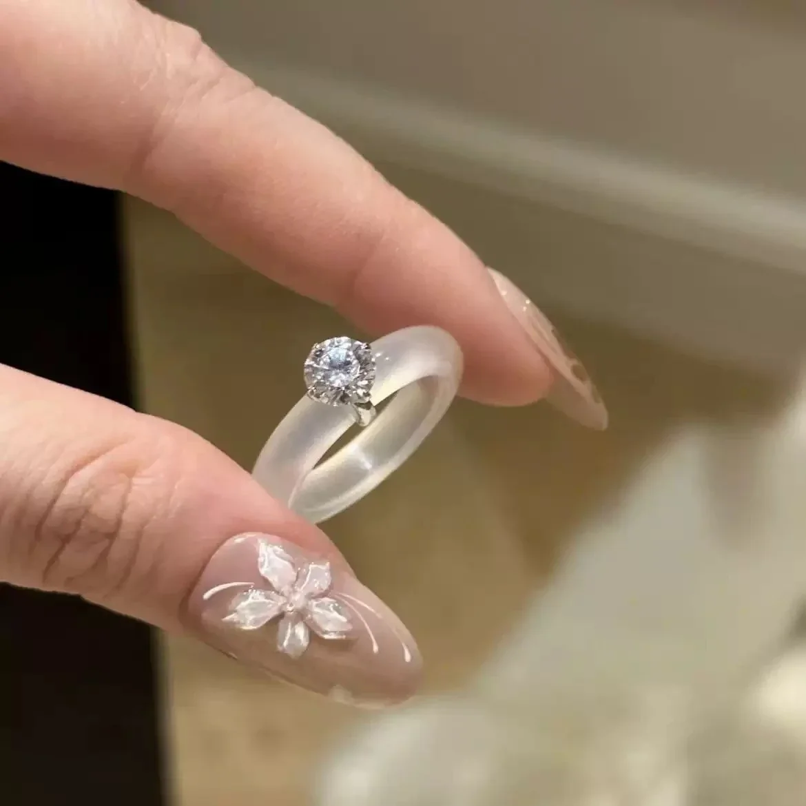 Frosted Translucent Band Prong-Set CZ Copper Ring