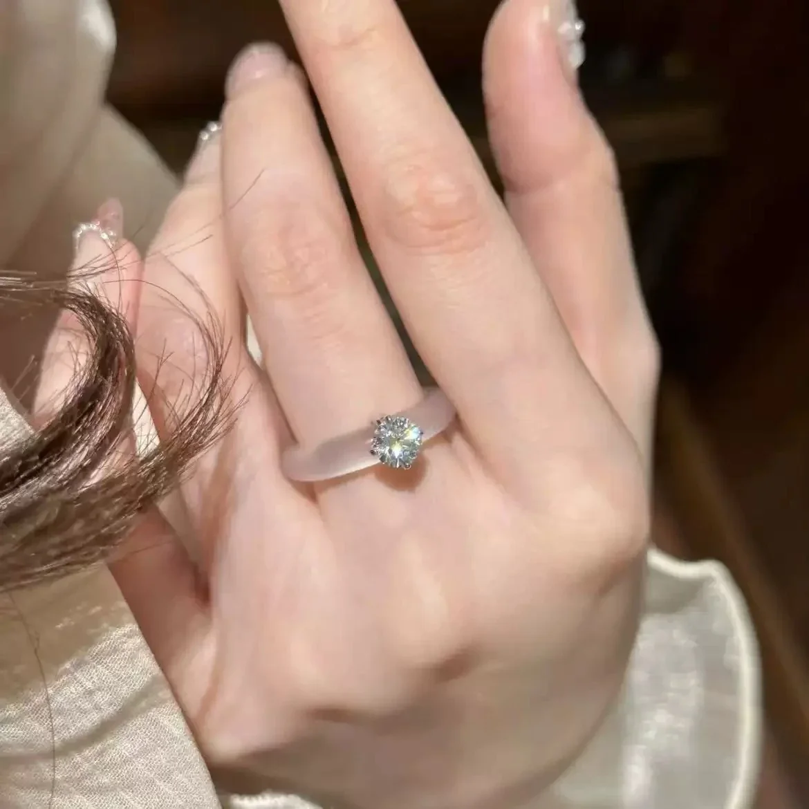 Frosted Translucent Band Prong-Set CZ Copper Ring