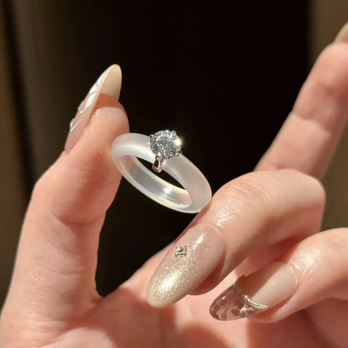 Frosted Translucent Band Prong-Set CZ Copper Ring