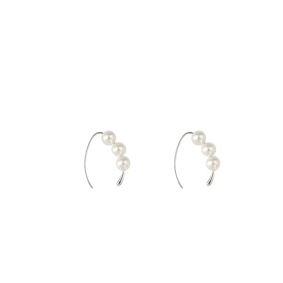 Curved Triple Pearl 925 Sterling Silver Hoop Earrings