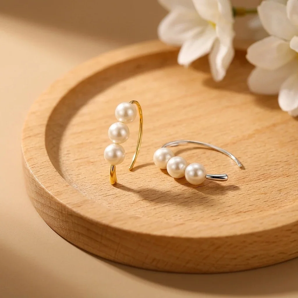 Curved Triple Pearl 925 Sterling Silver Hoop Earrings