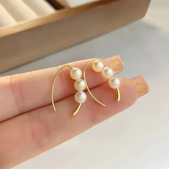 Curved Triple Pearl 925 Sterling Silver Hoop Earrings
