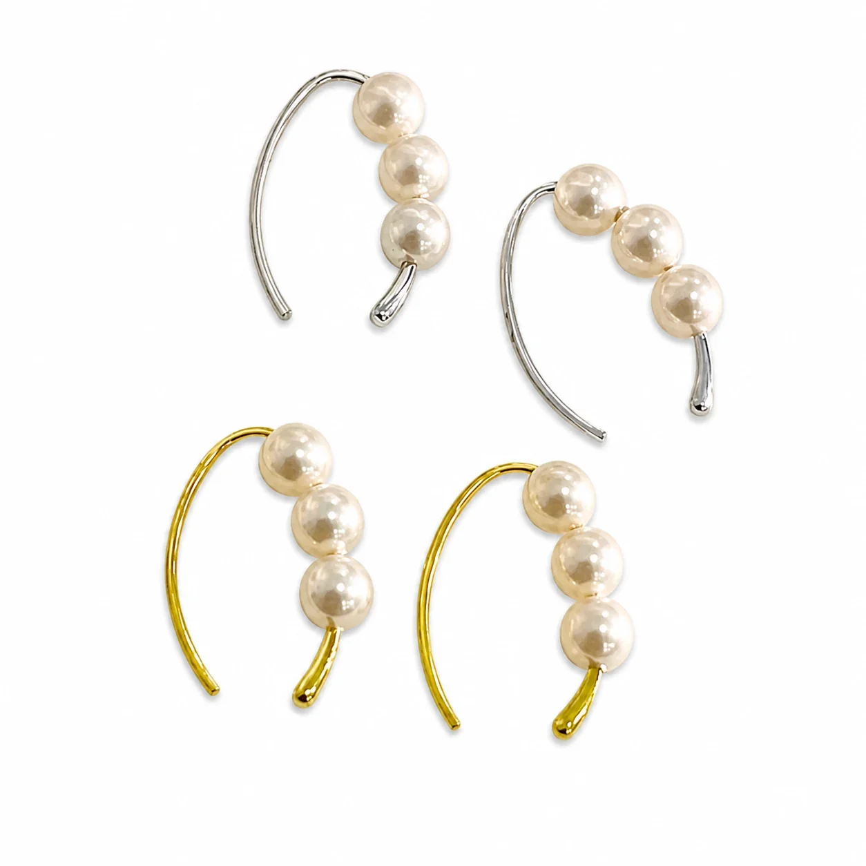 Curved Triple Pearl 925 Sterling Silver Hoop Earrings - Silver