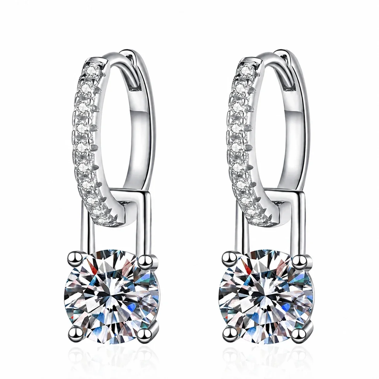 Convertible Round-Cut 925 Sterling Silver Pavé Huggie Drop Earrings