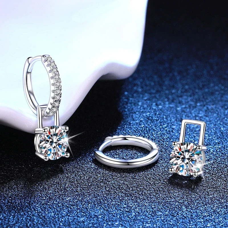 Convertible Round-Cut 925 Sterling Silver Pavé Huggie Drop Earrings