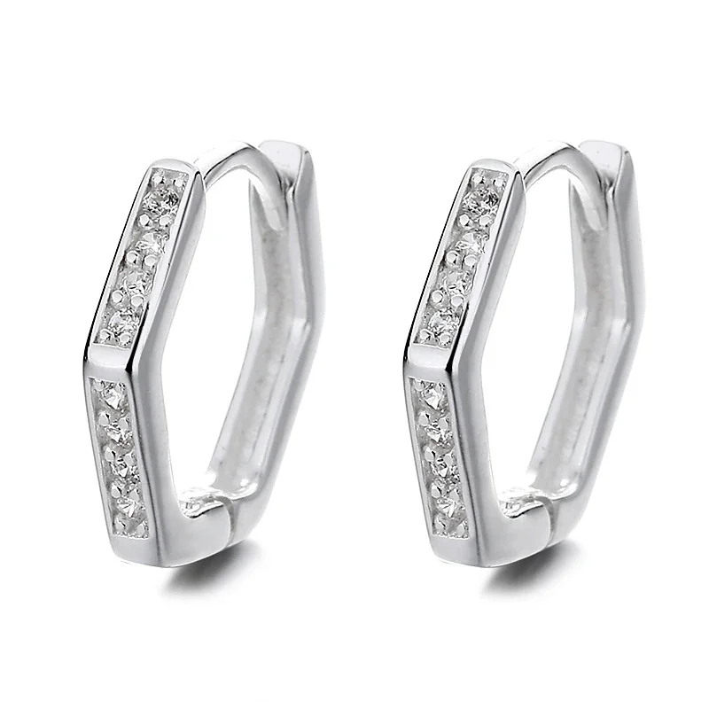 Geometric 925 Sterling Silver Pave Hexagon Hoop Earrings