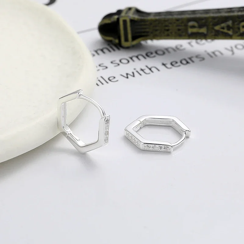 Geometric 925 Sterling Silver Pave Hexagon Hoop Earrings