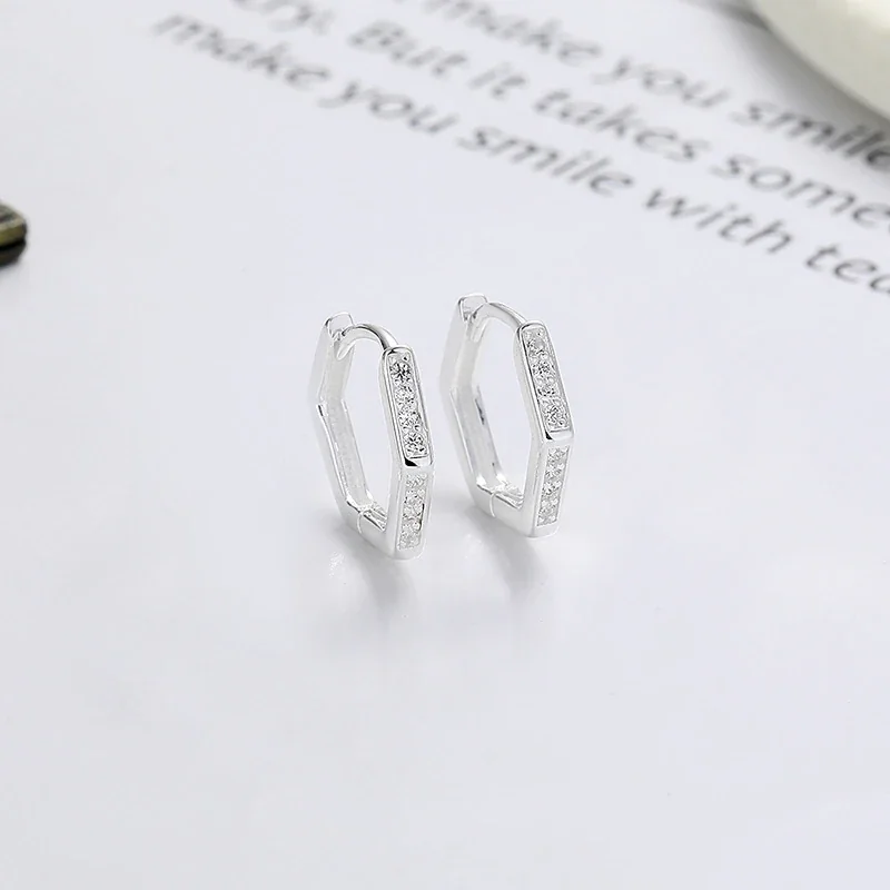 Geometric 925 Sterling Silver Pave Hexagon Hoop Earrings