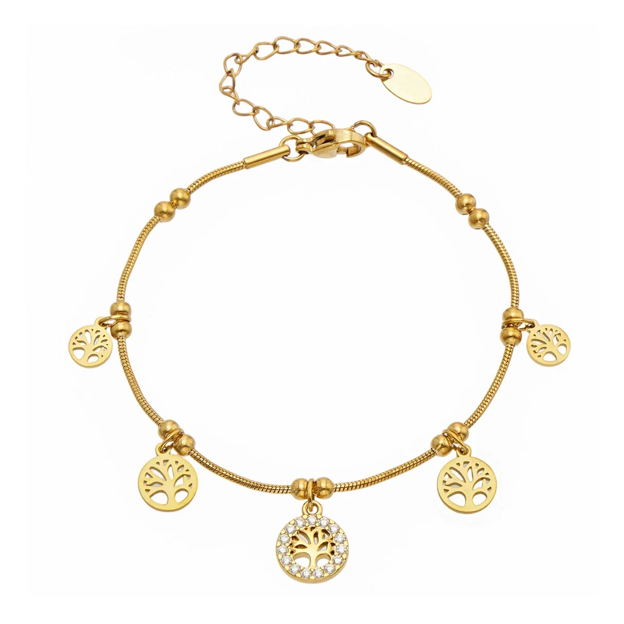Tree Charm Gold-Plated Snake Chain CZ Bracelet