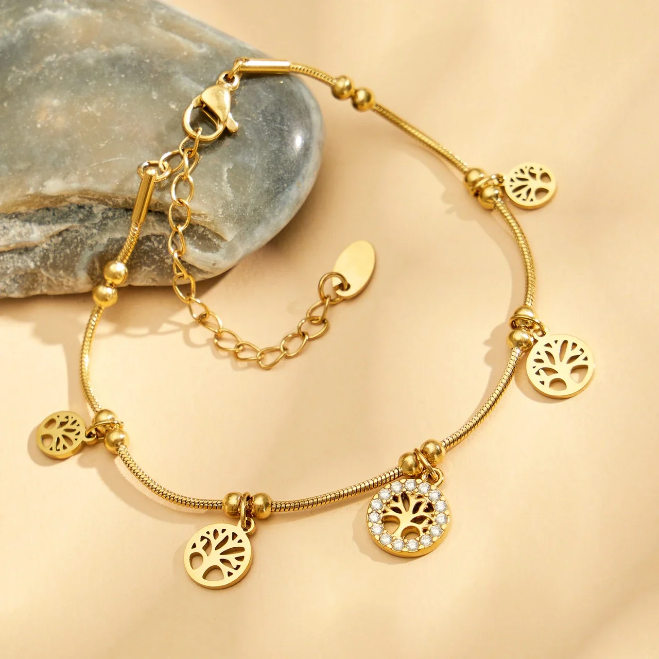 Tree Charm Gold-Plated Snake Chain CZ Bracelet