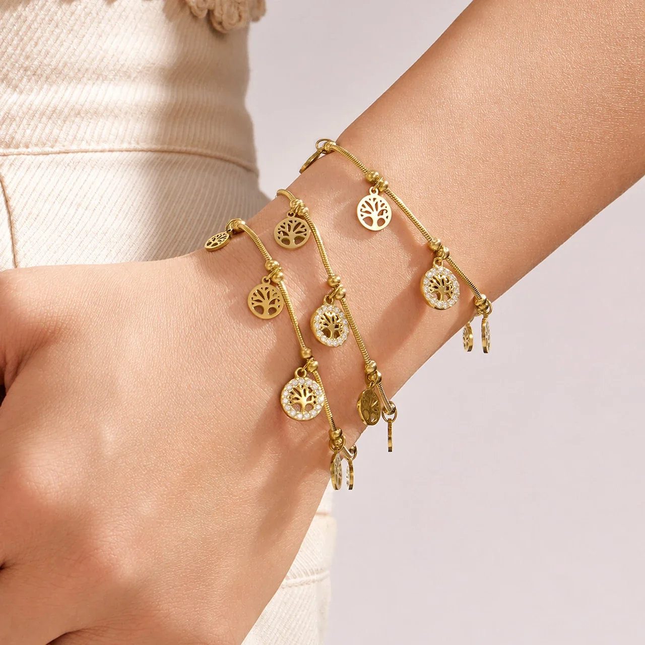 Tree Charm Gold-Plated Snake Chain CZ Bracelet