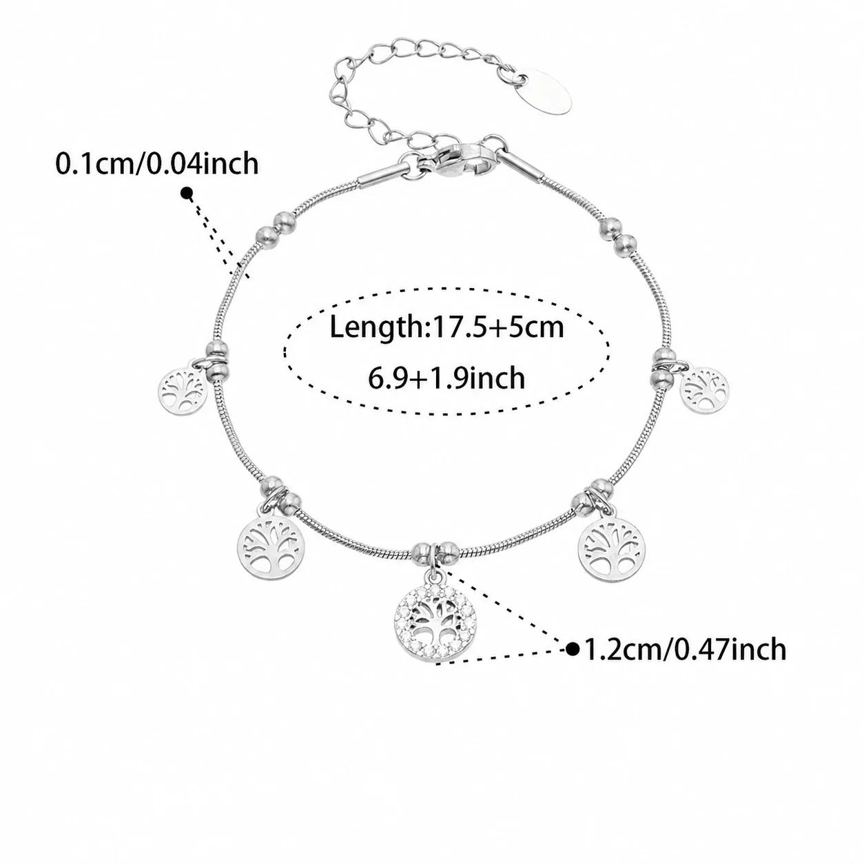 Tree Charm Gold-Plated Snake Chain CZ Bracelet - Steel Color Tree CZ 17.5 + 5 cm