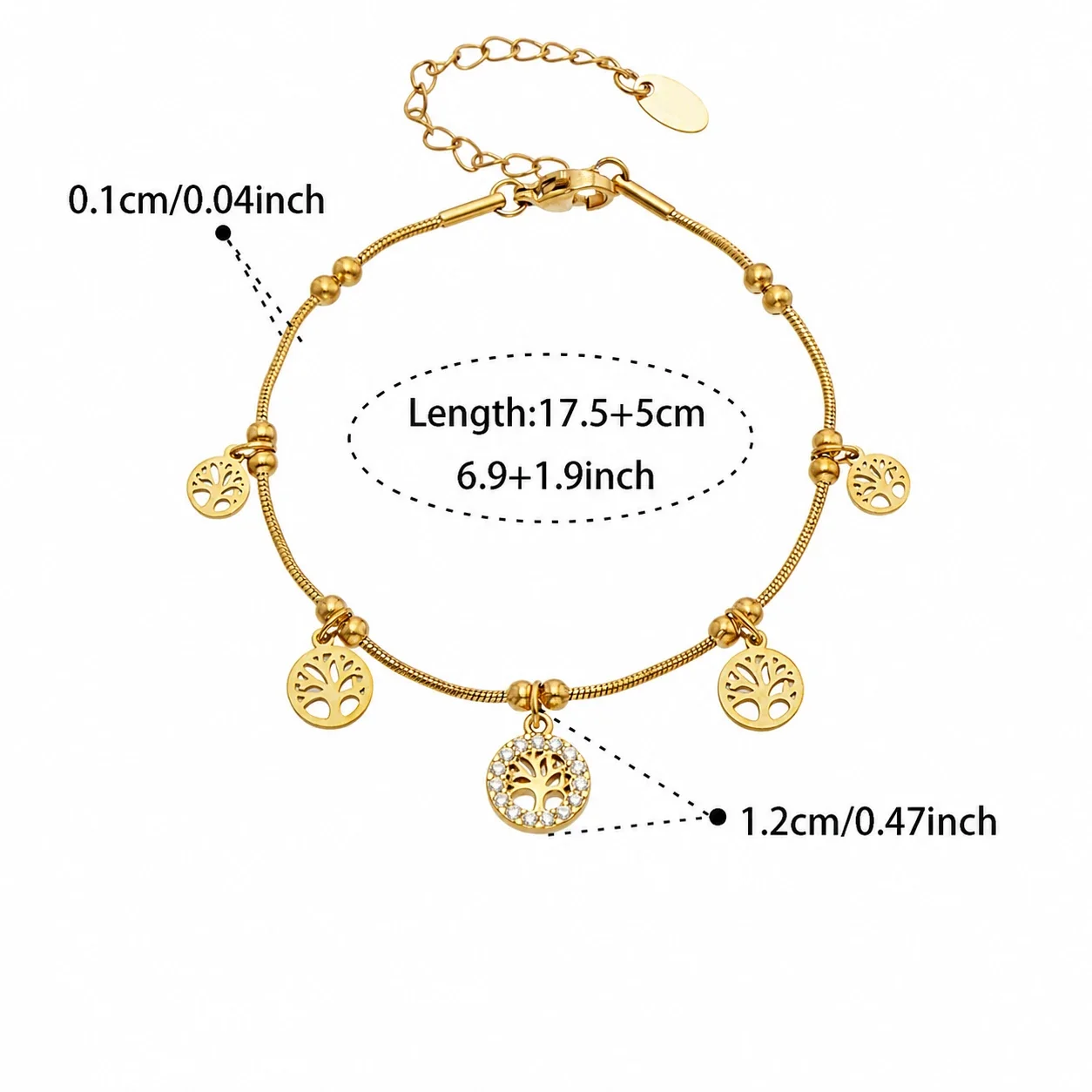Tree Charm Gold-Plated Snake Chain CZ Bracelet - Gold Tree CZ 17.5 + 5 cm
