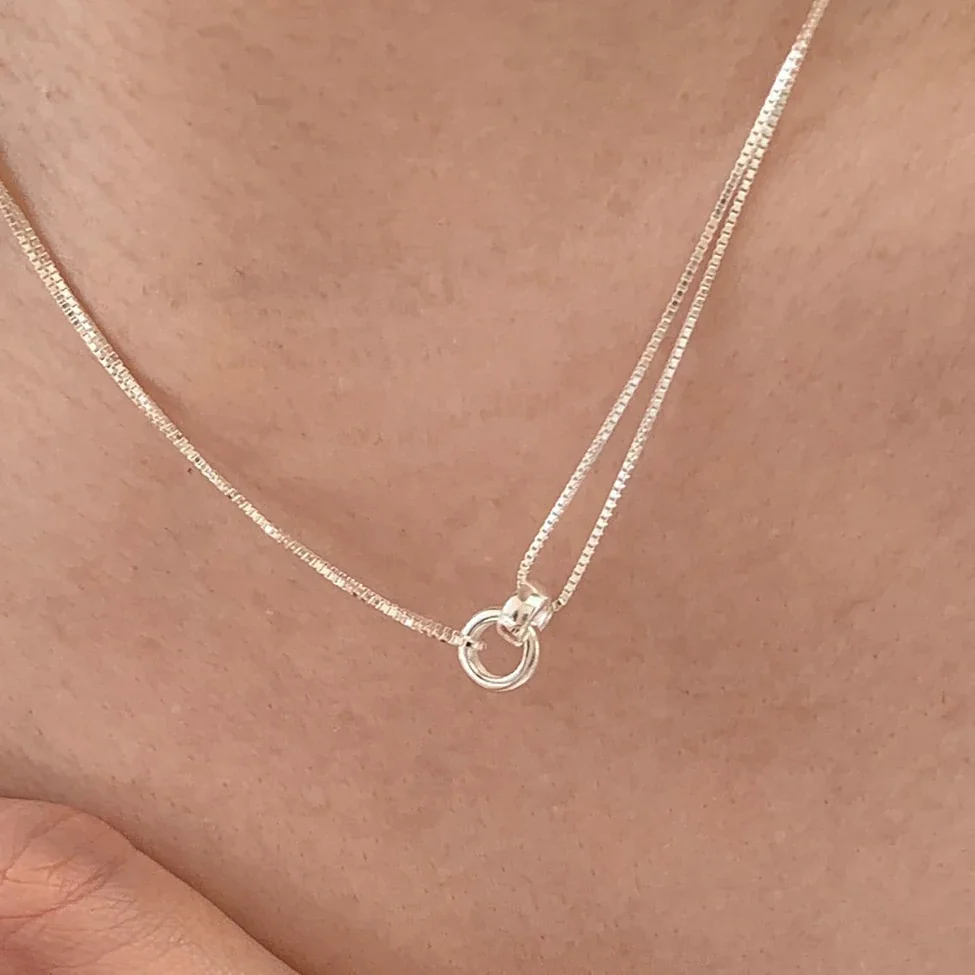 Minimalist Polished 925 Sterling Silver Double-Ring Box Chain Necklace