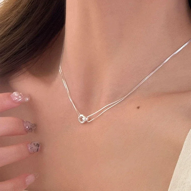 Minimalist Polished 925 Sterling Silver Double-Ring Box Chain Necklace