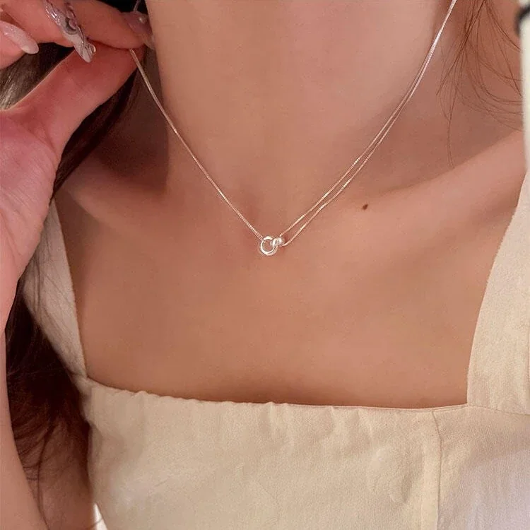 Minimalist Polished 925 Sterling Silver Double-Ring Box Chain Necklace