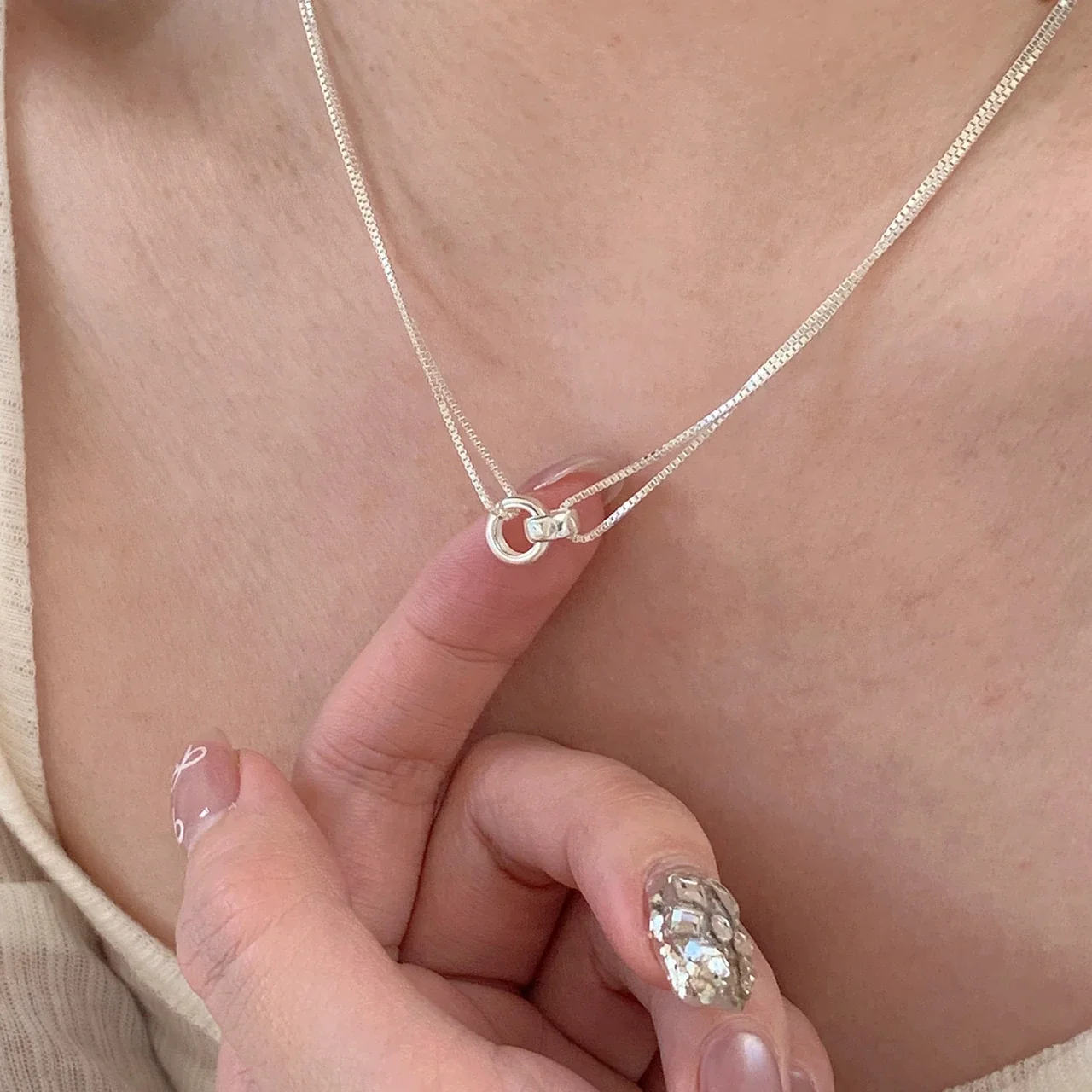 Minimalist Polished 925 Sterling Silver Double-Ring Box Chain Necklace - Silver