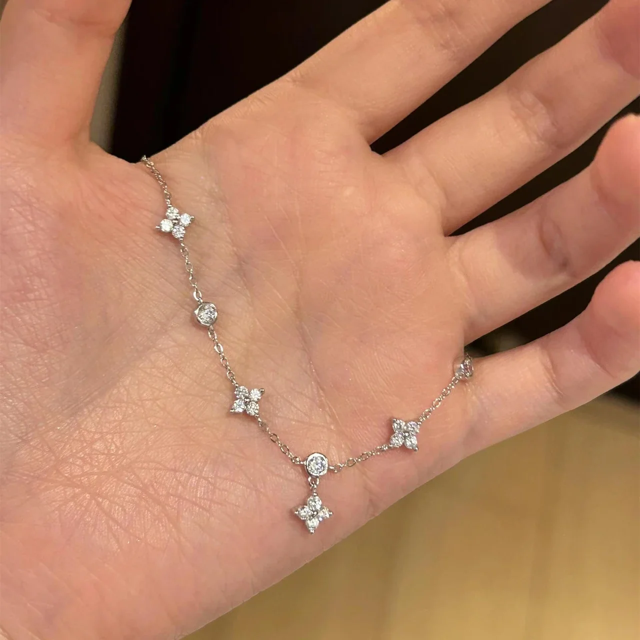 Delicate 925 Sterling Silver Round Stone Clover Anklet