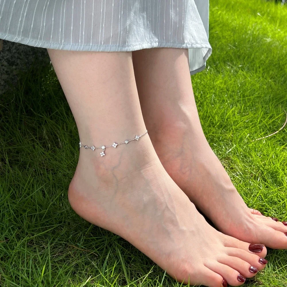 Delicate 925 Sterling Silver Round Stone Clover Anklet