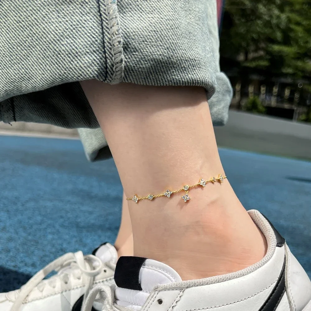 Delicate 925 Sterling Silver Round Stone Clover Anklet