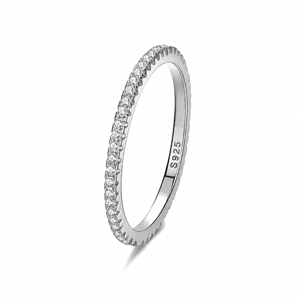 Delicate 925 Sterling Silver Pavé Round CZ Slim Ring