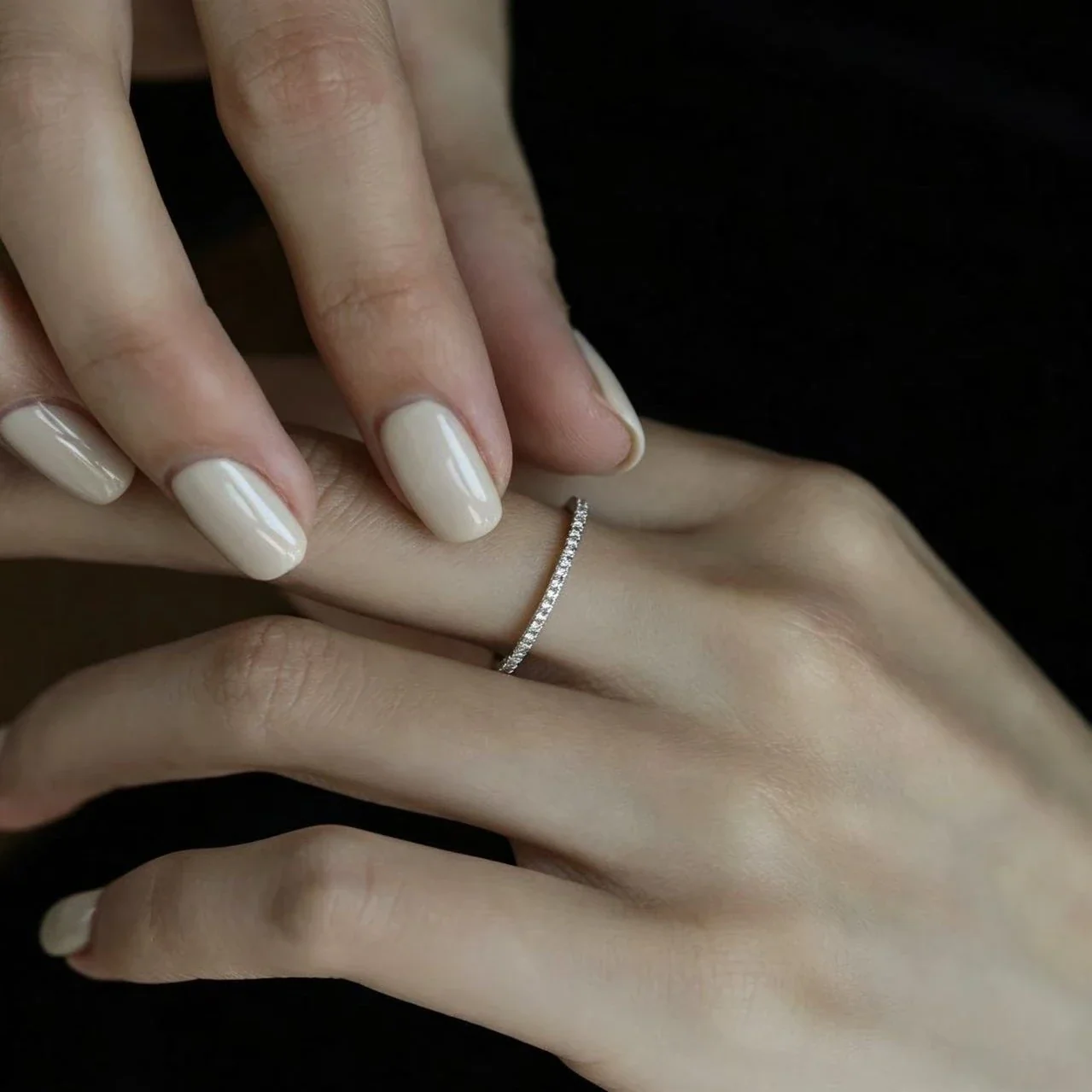Delicate 925 Sterling Silver Pavé Round CZ Slim Ring