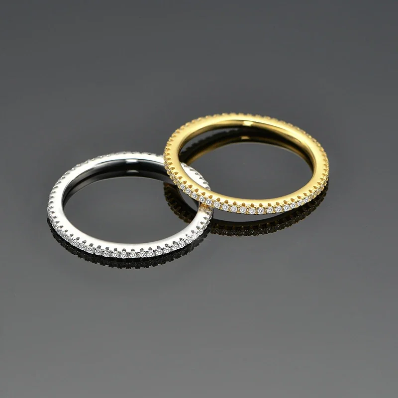 Delicate 925 Sterling Silver Pavé Round CZ Slim Ring